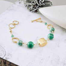 Load image into Gallery viewer, TN Green Turquoise Hammered pillow Bracelet (Gold Vermeil)