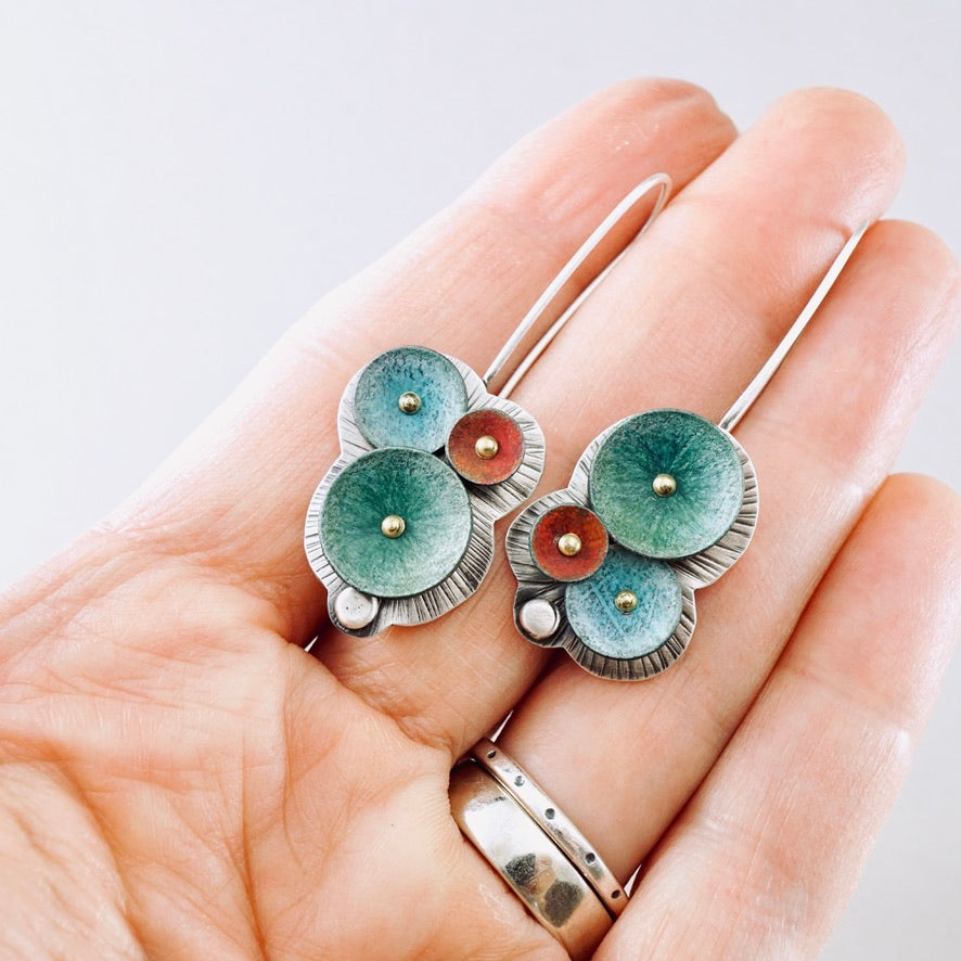 Waterdrop Cluster Long Earrings (Aqua, Moss & Coral)