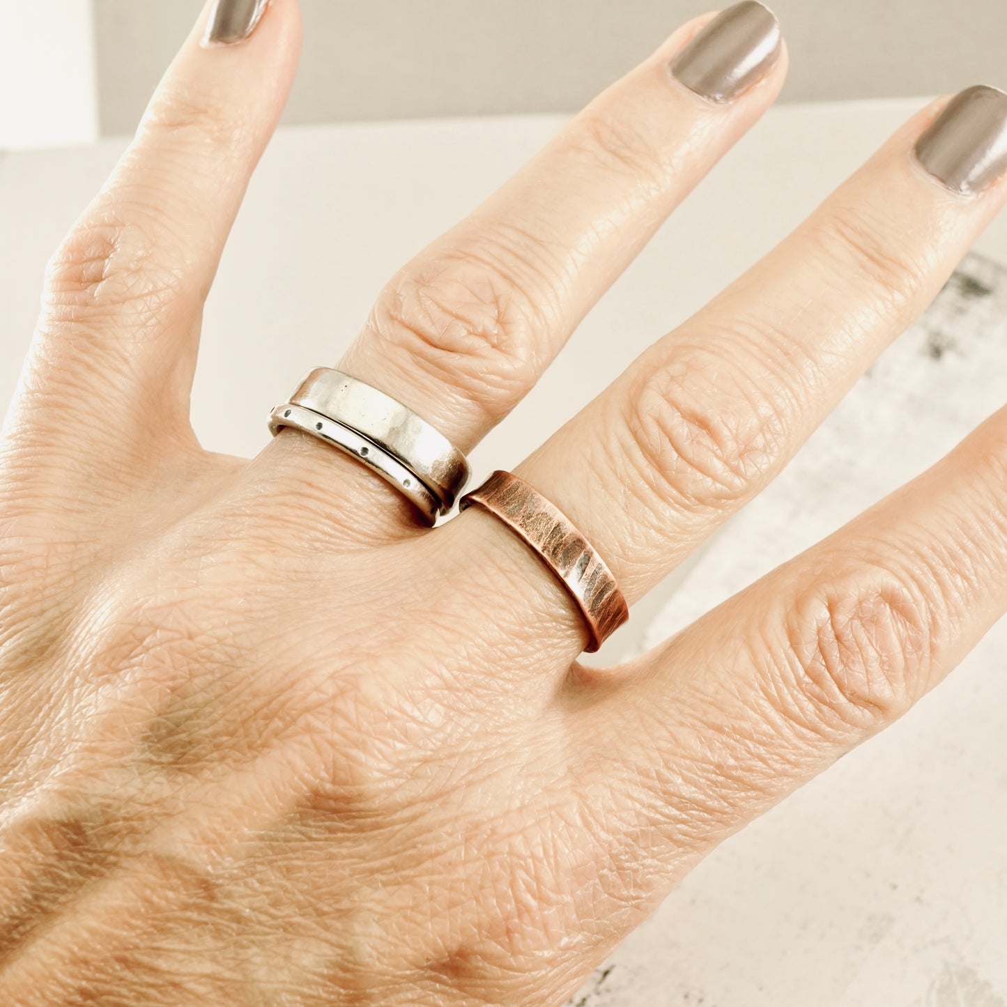 Silver Grass Thin Copper Band - Size 8