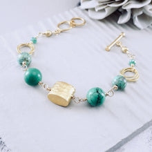 Load image into Gallery viewer, TN Green Turquoise Hammered pillow Bracelet (Gold Vermeil)