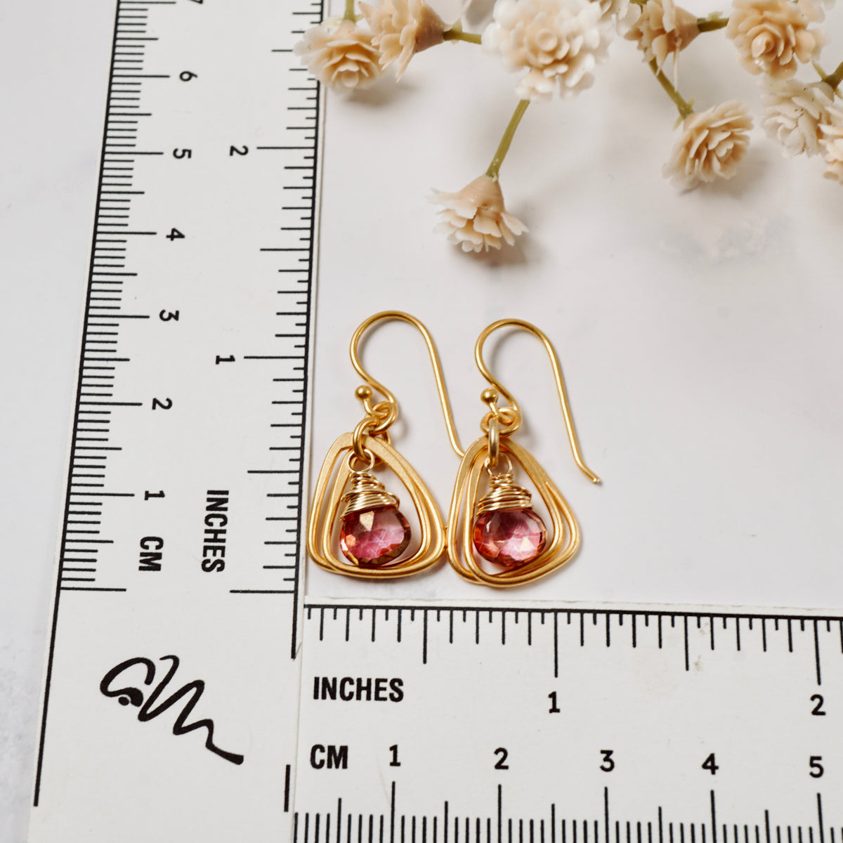 Pink Quartz Rounded Triangle Hoop Earrings