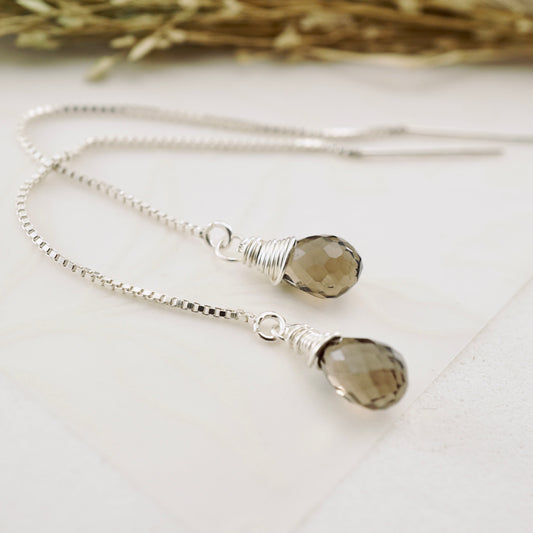 Smoky Quartz Threader Box Chain Earrings
