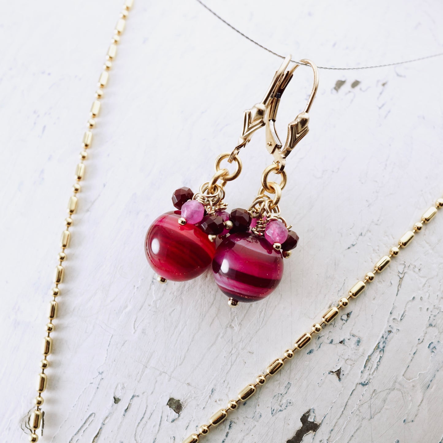 Pink Agate, Jade & Ruby Earrings