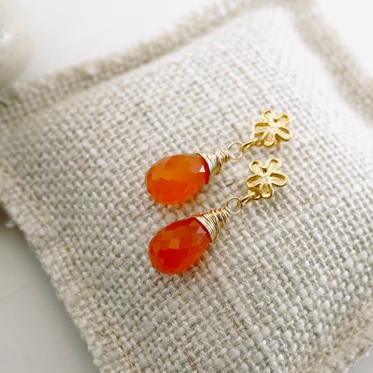 Carnelian Drop Flower Post Earrings