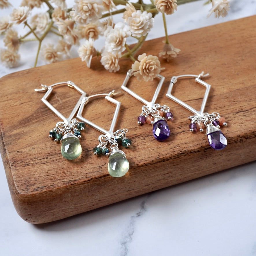 Purple CZ Geometric Cluster Hoop Earrings