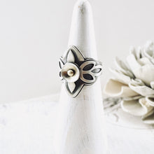 Load image into Gallery viewer, AM – Silver & Gold Pod Saddle Ring (SS + 14k) (Size: 7.5)