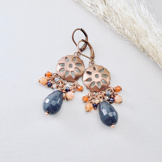 Dumortierite Mexican Sun Chandelier Earrings
