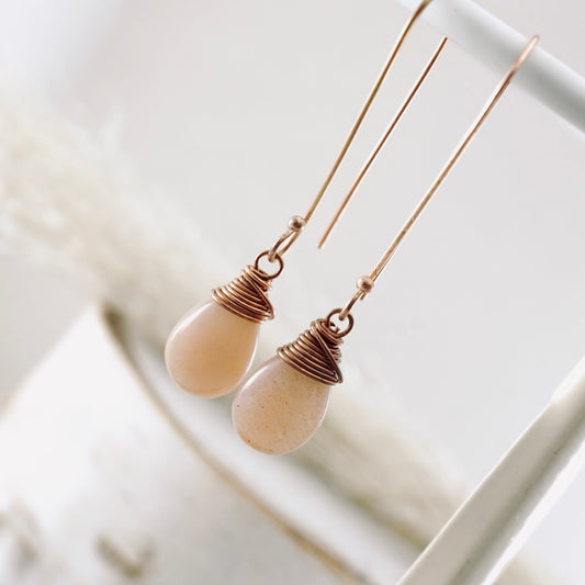 Peach Moonstone Long Drop Earrings