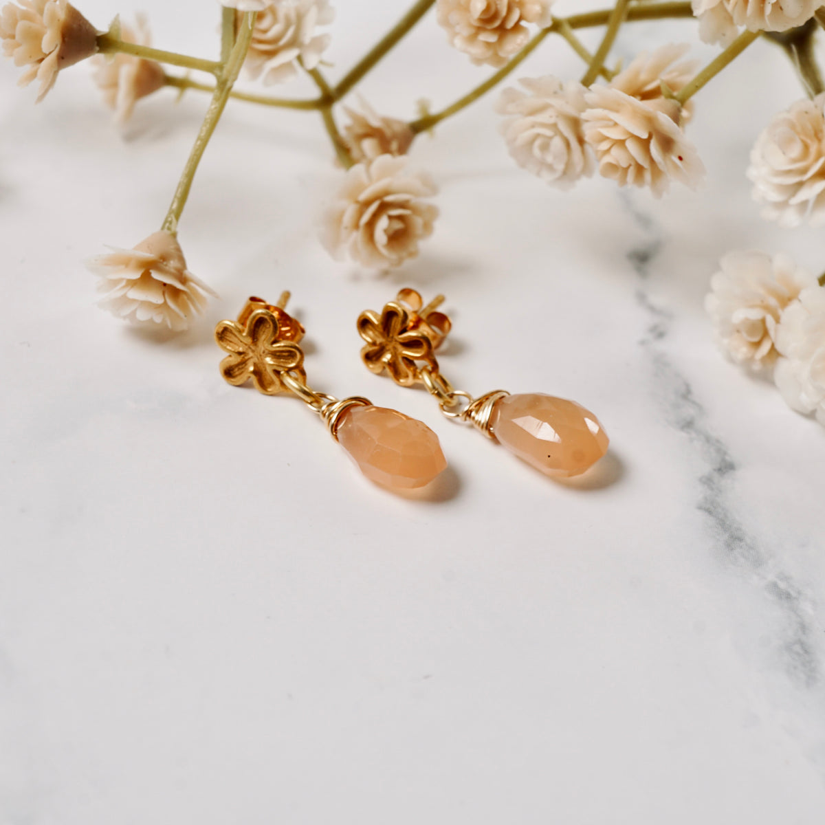 Peach Moonstone Flower Drop Earrings