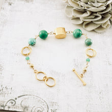 Load image into Gallery viewer, TN Green Turquoise Hammered pillow Bracelet (Gold Vermeil)