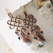 Load image into Gallery viewer, TN Long Pretzel Labradorite & Lapis Chandelier Earrings (Copper)