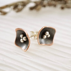 Unique, artisan designed, handmade sterling silver and copper, single pod, stud earrings | Square Pods collection