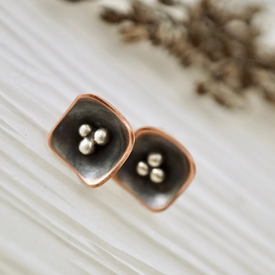 Unique, artisan designed, handmade sterling silver and copper, single pod, stud earrings | Square Pods collection