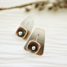 Load image into Gallery viewer, Unique, artisan designed, handmade sterling silver and copper, post earrings | Square Pods collection