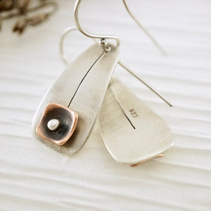 Unique, artisan designed, handmade sterling silver and copper, short ear wire earrings | Square Pods collection