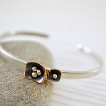 Load image into Gallery viewer, Unique, artisan designed, handmade sterling silver and copper cuff bracelet | Square Pods collection