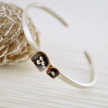 Load image into Gallery viewer, Unique, artisan designed, handmade sterling silver and copper cuff bracelet | Square Pods collection