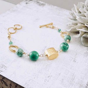 TN Green Turquoise Hammered pillow Bracelet (Gold Vermeil)