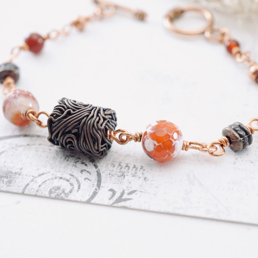 Fire Agate Copper Noodle Bracelet (Toggle Clasp)
