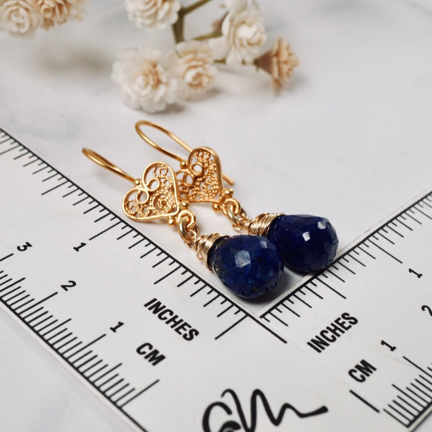 Natural Lapis Filigree Heart Drop Earrings