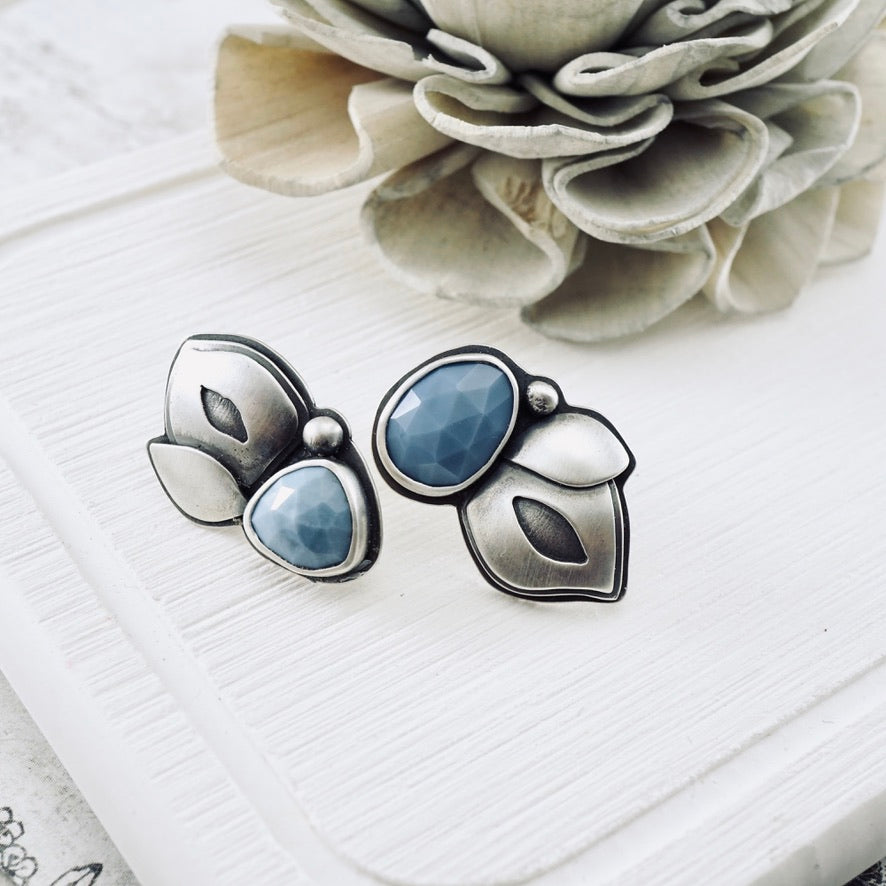 Blue Opal Leaf Stud Earrings