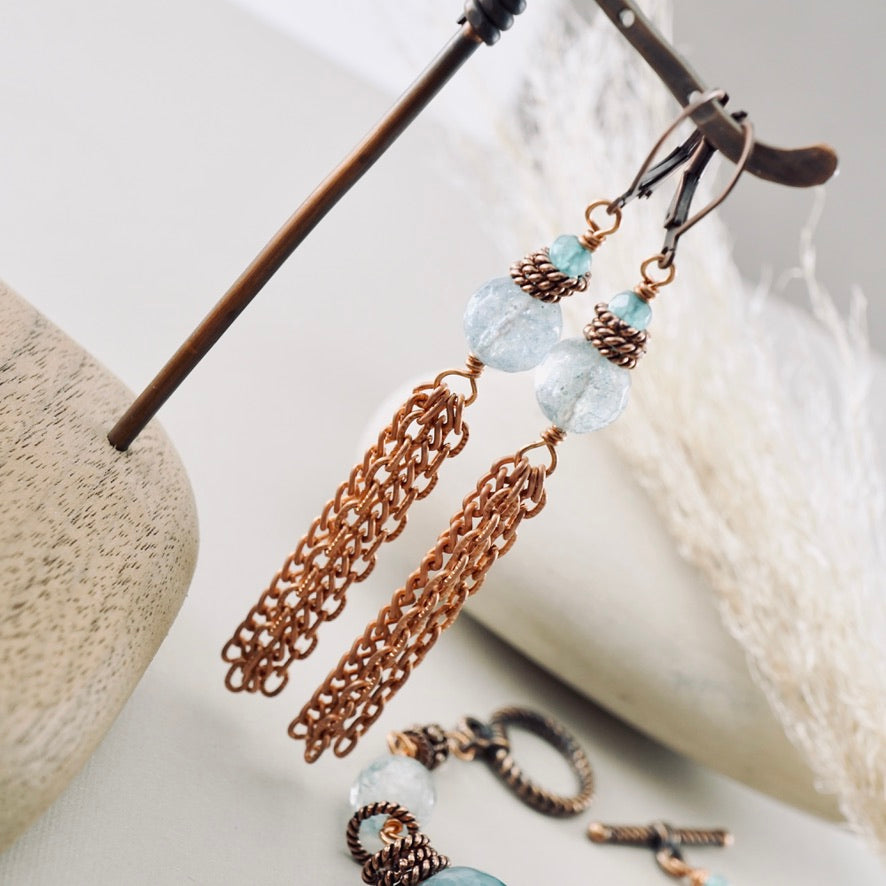 TN Boho Shoulder Duster Blue Quartz Earrings (Copper)