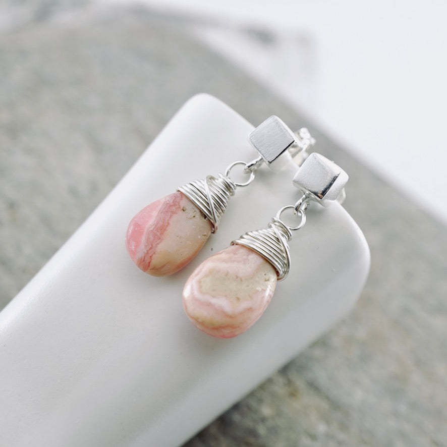 Rhodochrosite Petite Square Stud Earrings