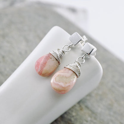 Rhodochrosite Petite Square Stud Earrings