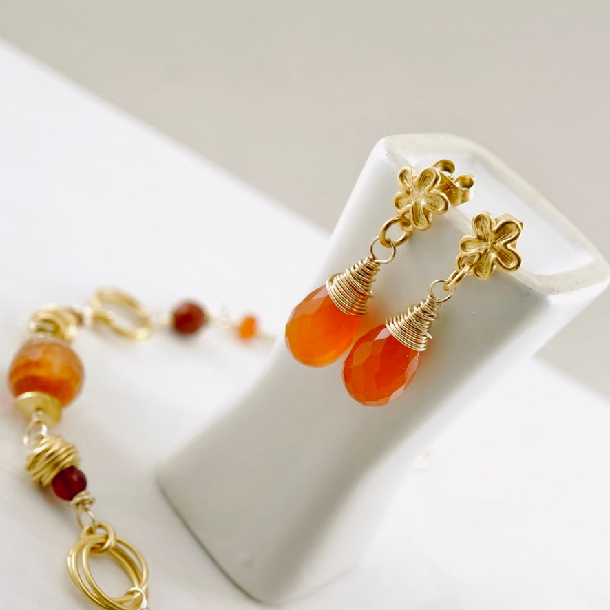 Carnelian Drop Flower Post Earrings