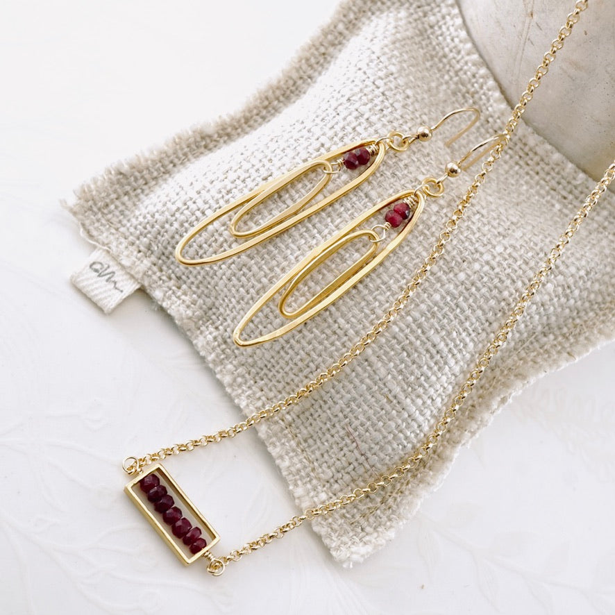 Elongated Double Hoops Ruby Earrings