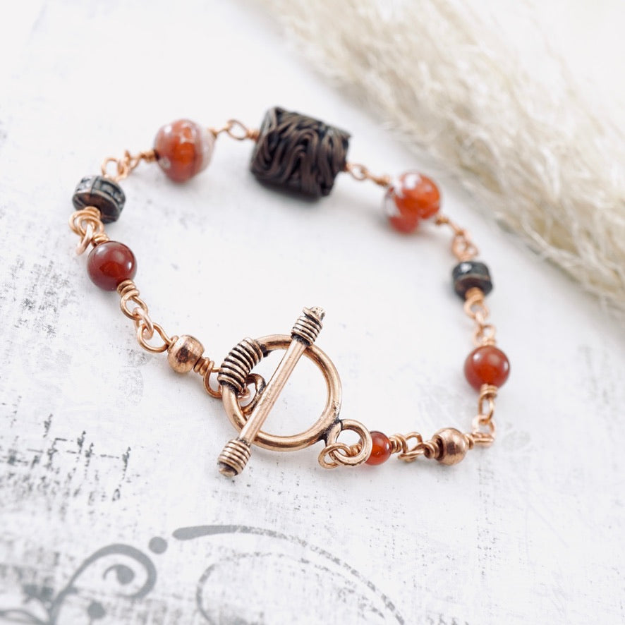 Fire Agate Copper Noodle Bracelet (Toggle Clasp)