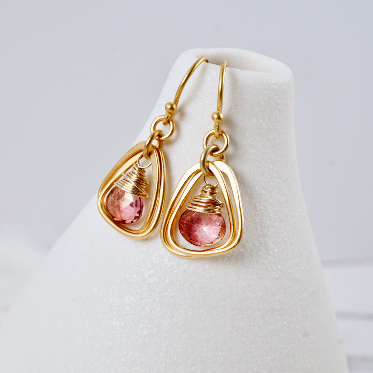 Pink Quartz Rounded Triangle Hoop Earrings