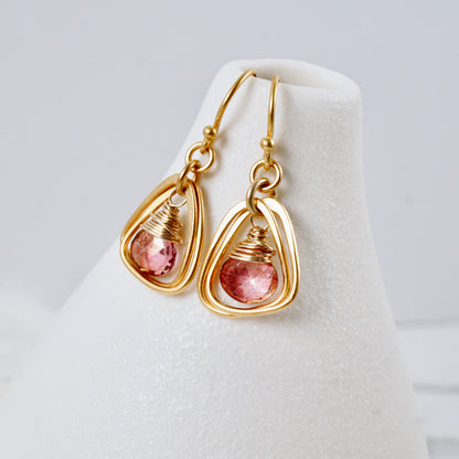 Pink Quartz Rounded Triangle Hoop Earrings