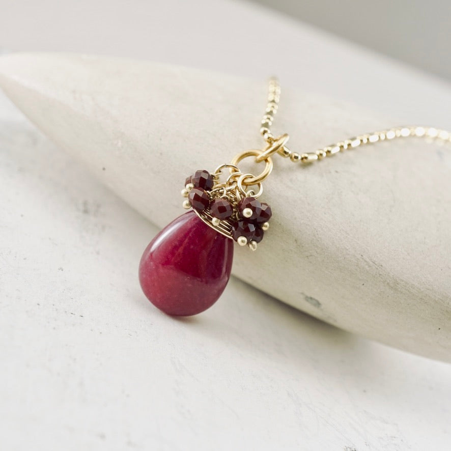 Pink Jade & Ruby Cluster Pendant