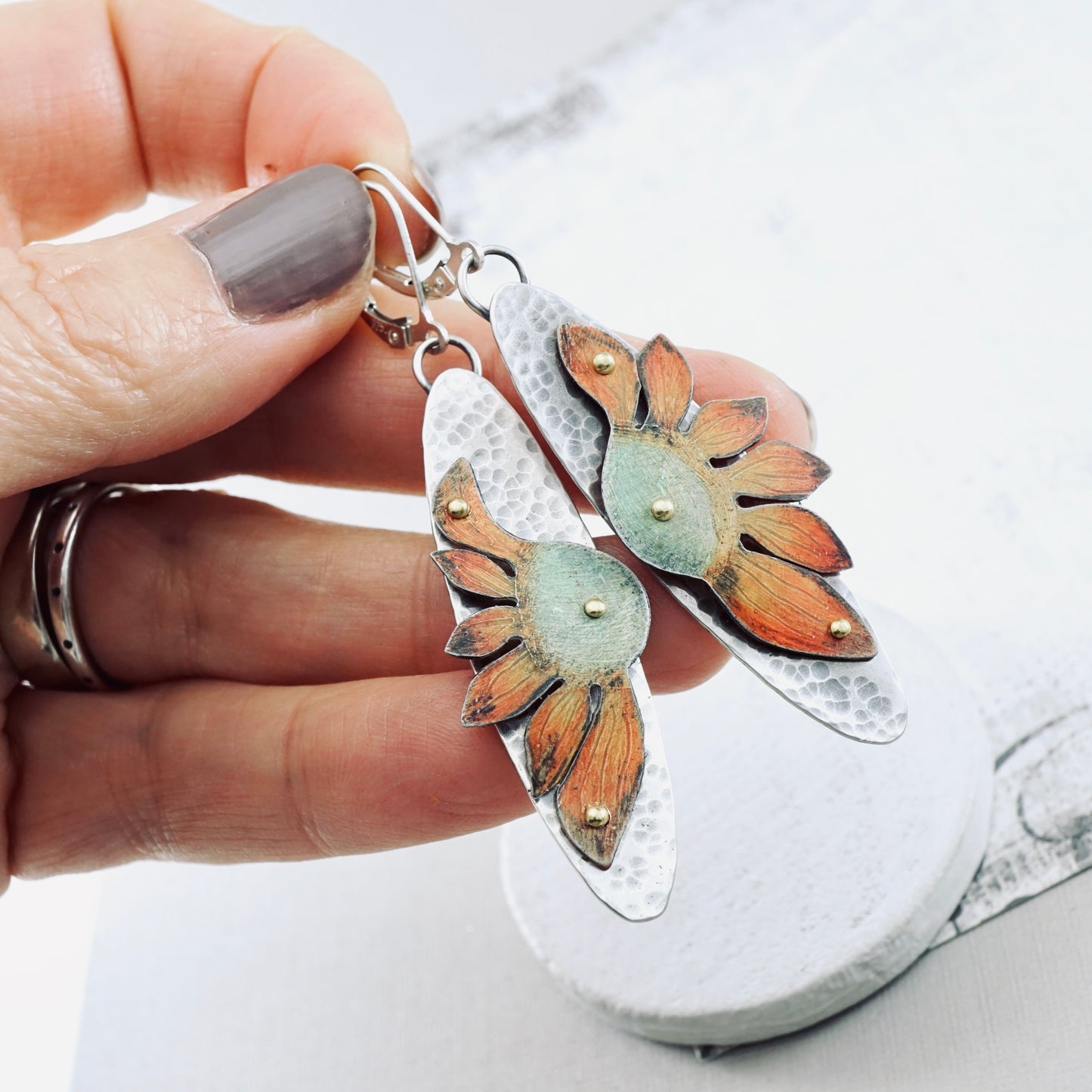 Wildflower Oval Drop Earrings (Orange & Sage)