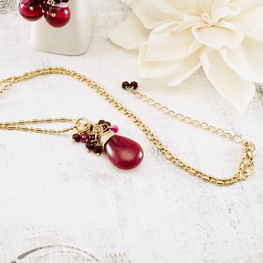 Pink Jade & Ruby Cluster Pendant