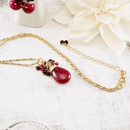 Pink Jade & Ruby Cluster Pendant