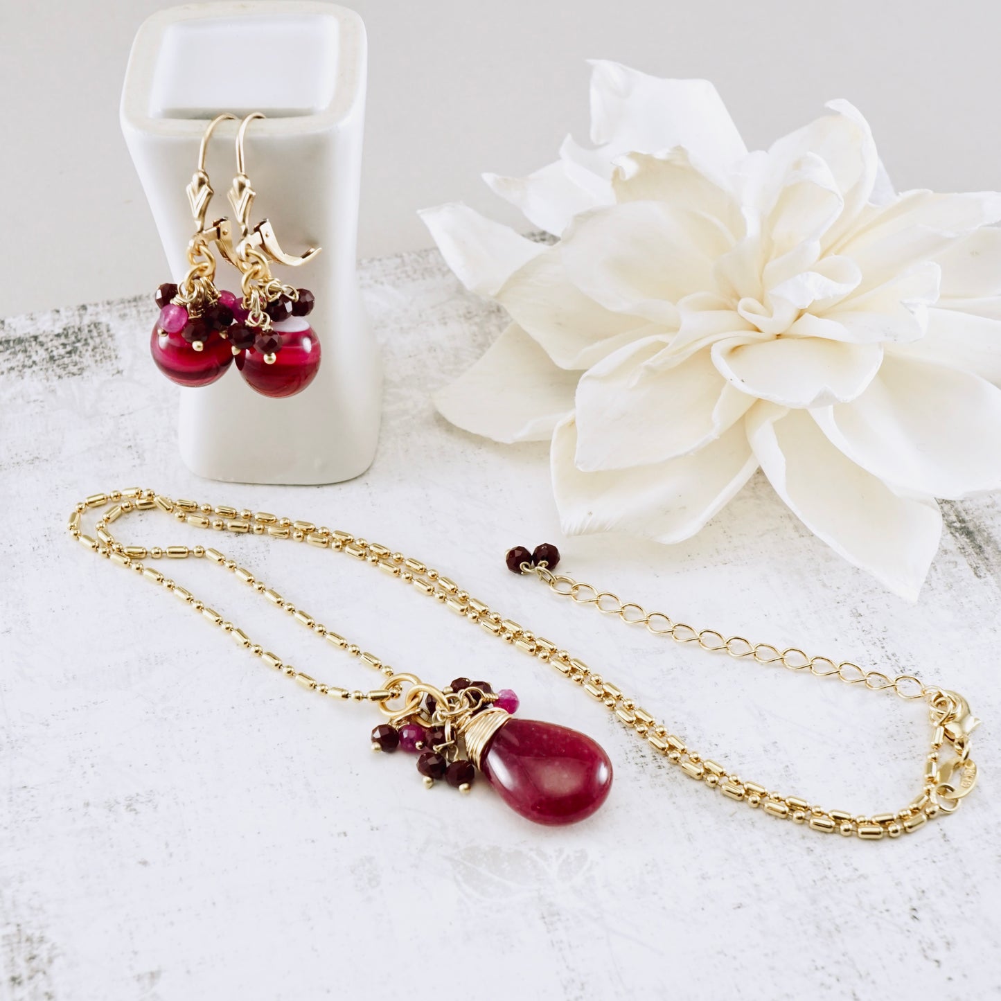 Pink Agate, Jade & Ruby Earrings