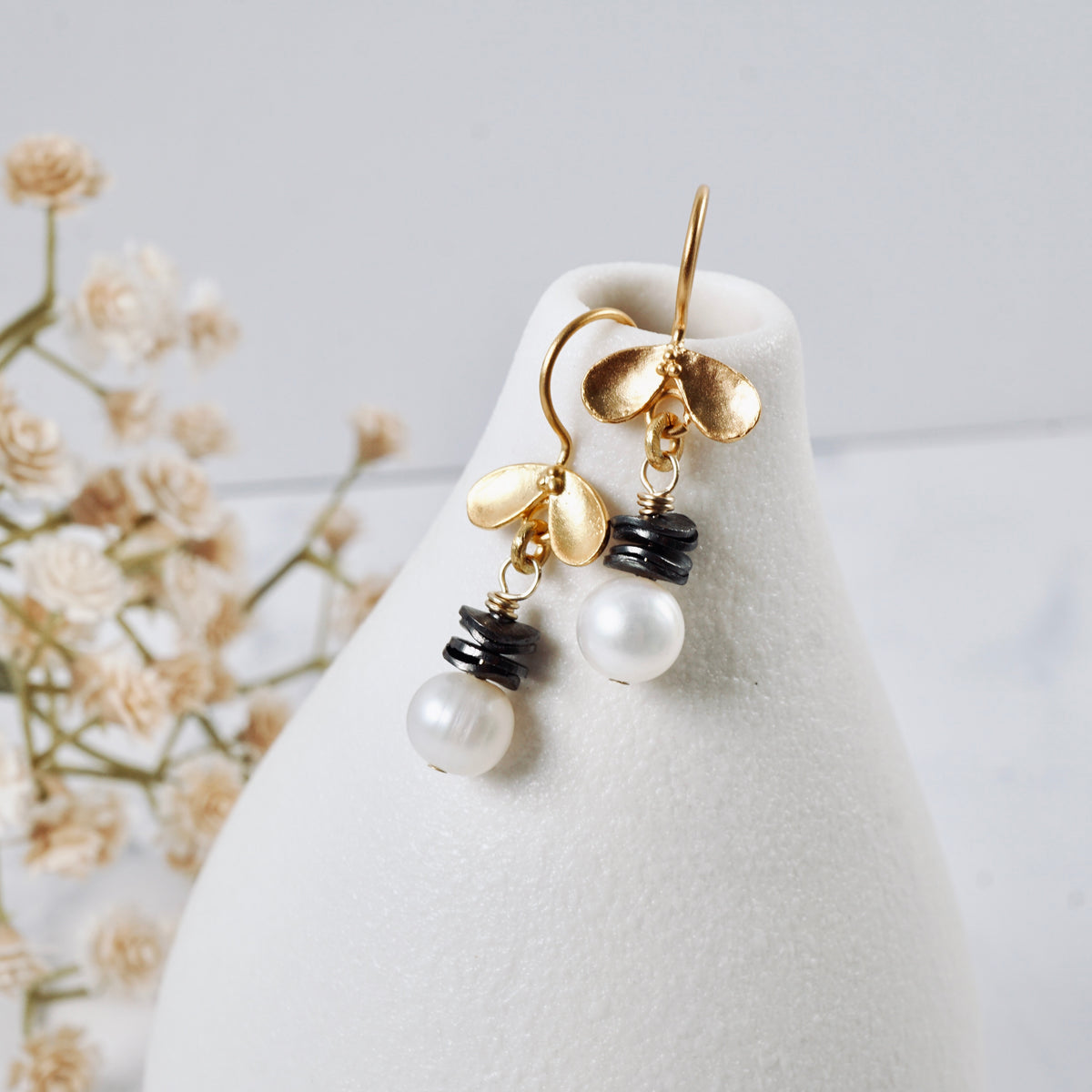 Ladybug Black & Pearl Drop Earrings