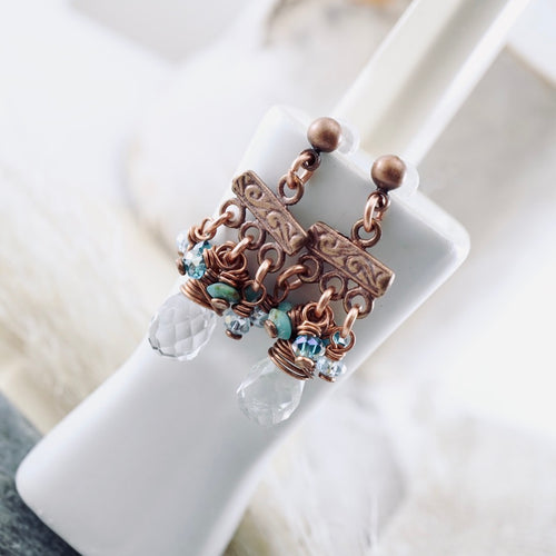TN Blue Quartz and Turquoise Petite Chandelier Earrings (Copper - Posts)