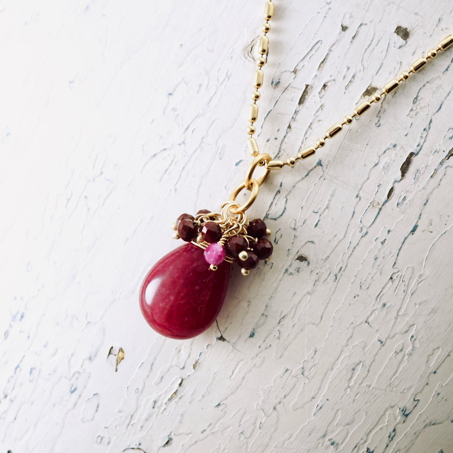 Pink Jade & Ruby Cluster Pendant