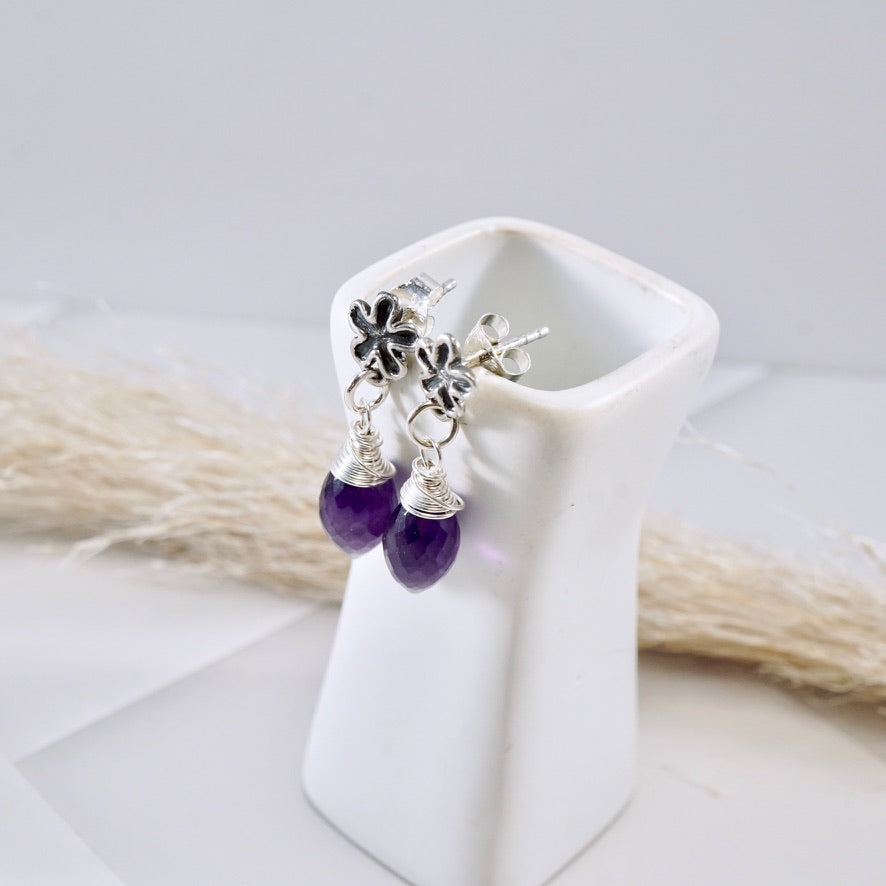 Amethyst Flower Drop Stud Earrings