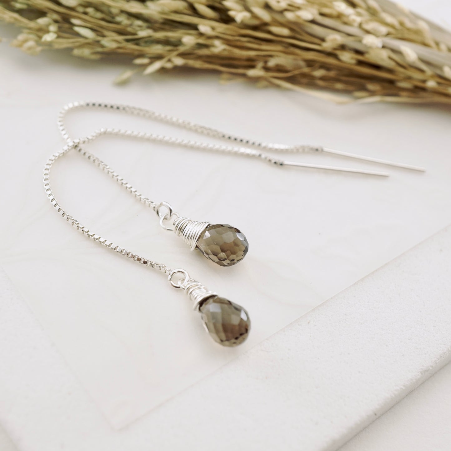 Smoky Quartz Threader Box Chain Earrings