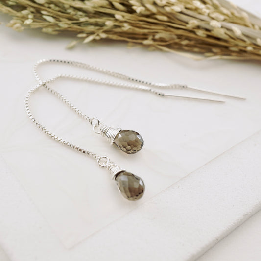 Smoky Quartz Threader Box Chain Earrings