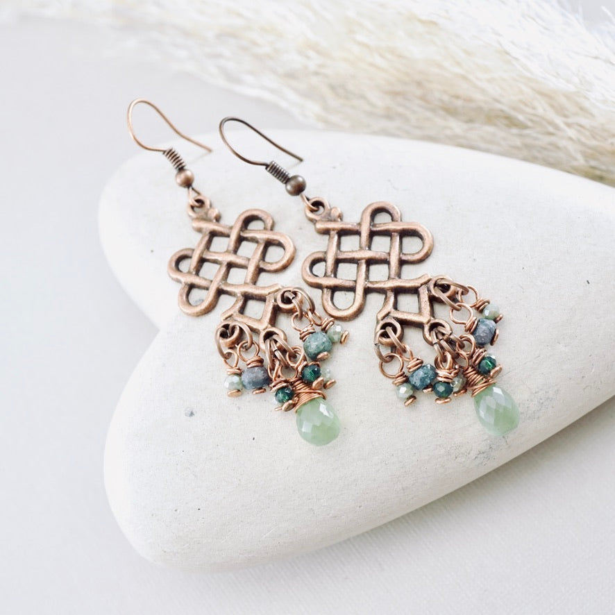 TN Zambian Emerald Long Celtic Knot Earrings (Copper)