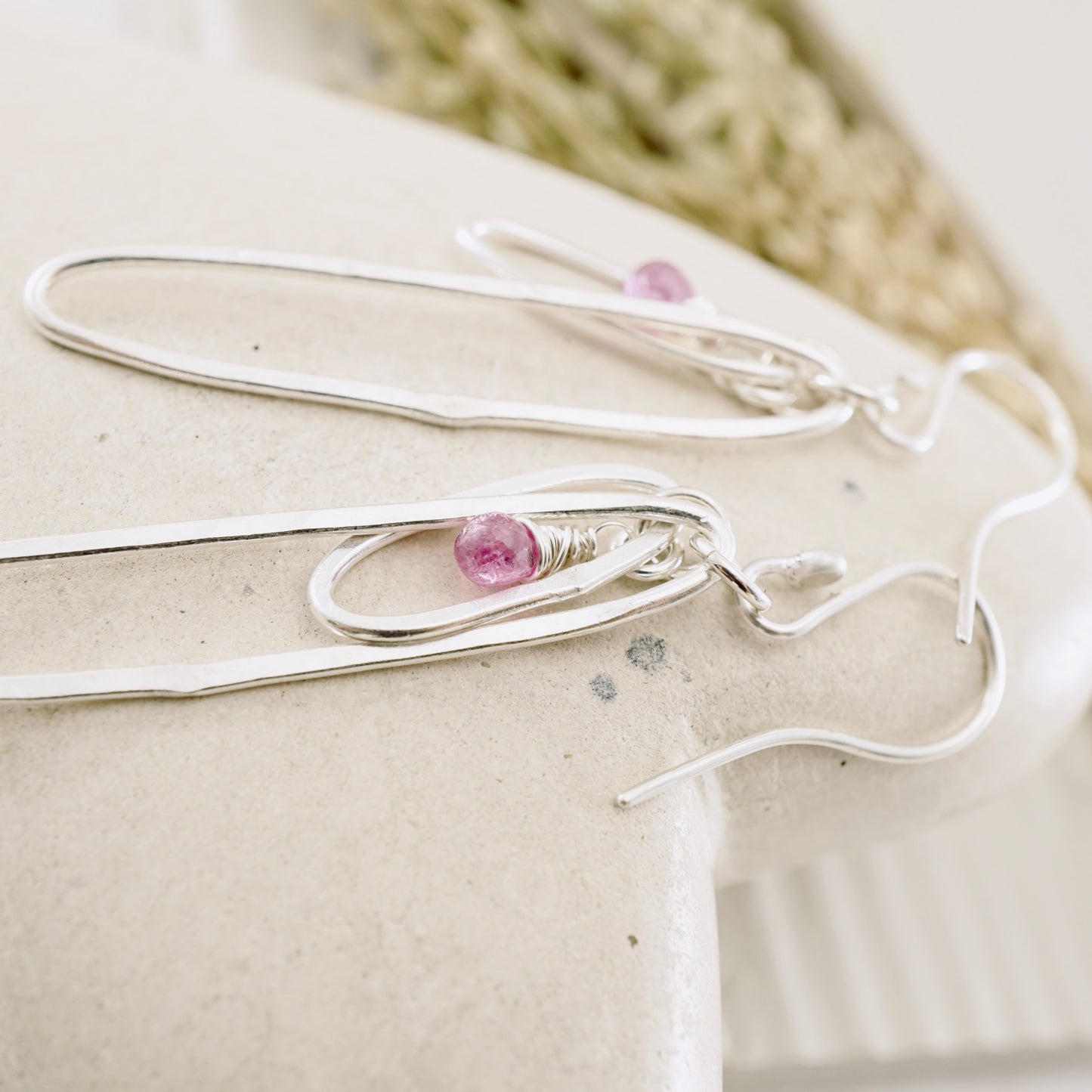 Elongated Double Hoop Pink Sapphire Earrings
