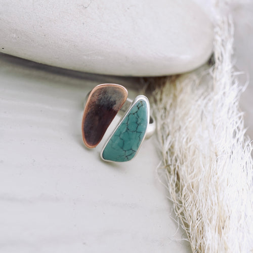 River Songs - Large Geometric Copper & Turquoise Ring (size 6 1/2)