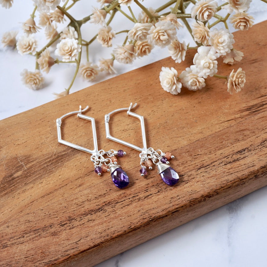 Purple CZ Geometric Cluster Hoop Earrings