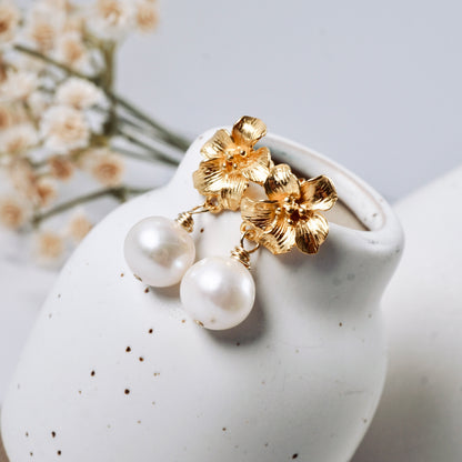 White Pearl & Cherry Blossom Post Earrings