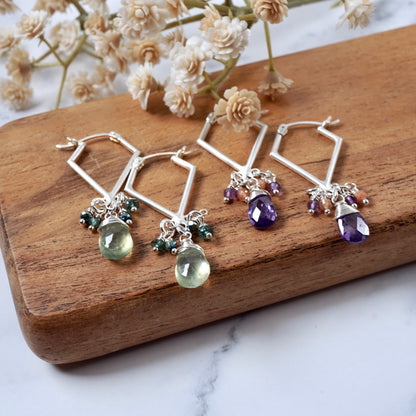 Purple CZ Geometric Cluster Hoop Earrings